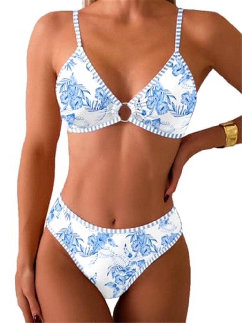 Blue Floral O Ring Bikini Set Triangle Two Piece Swimsuit